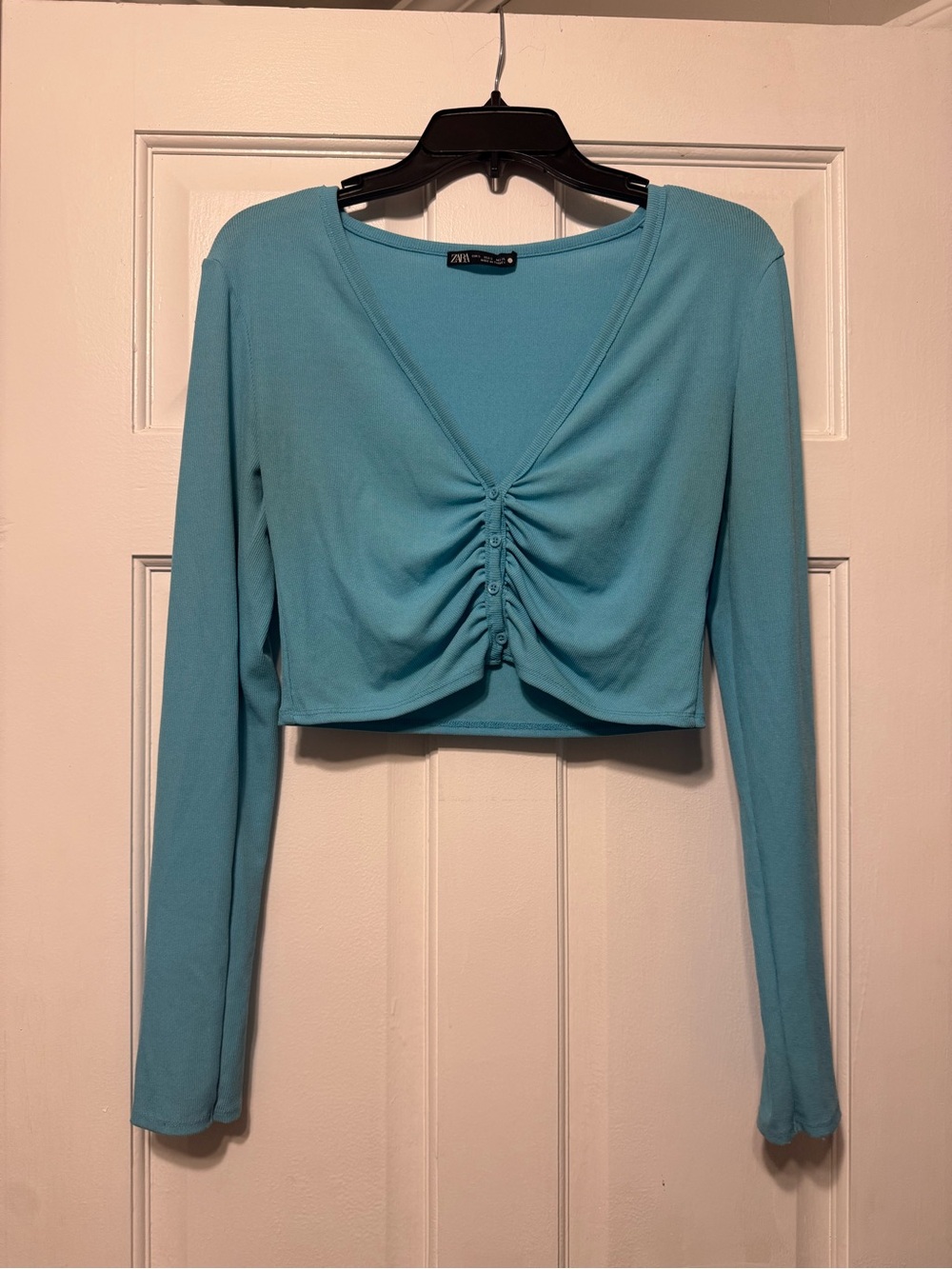 Zara Aqua Blue Ruched V-Neck Long Sleeve Crop Top. Size Small